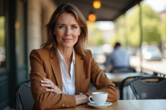 Femme confiante assise dans un café ensoleille