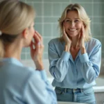 Femme confiante se regarde dans le miroir de sa salle de bain