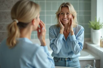 Femme confiante se regarde dans le miroir de sa salle de bain