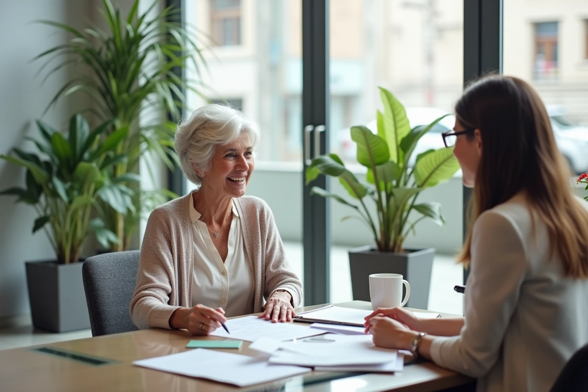 Femme âgée discutant avec une conseillère financière au bureau