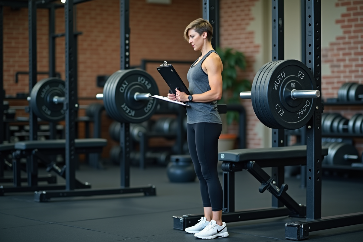 Femme vérifiant des barres de musculation dans une salle de sport