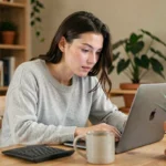 Jeune femme débutante lisant un guide en ligne sur son ordinateur portable dans un bureau à domicile