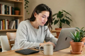 Jeune femme débutante lisant un guide en ligne sur son ordinateur portable dans un bureau à domicile