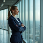 Femme confiante en tailleur navy dans un bureau moderne