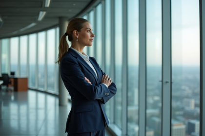 Femme confiante en tailleur navy dans un bureau moderne