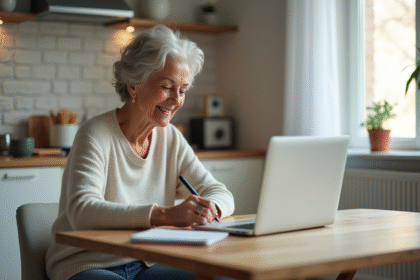 Femme d'âge moyen étudie à la maison avec son ordinateur