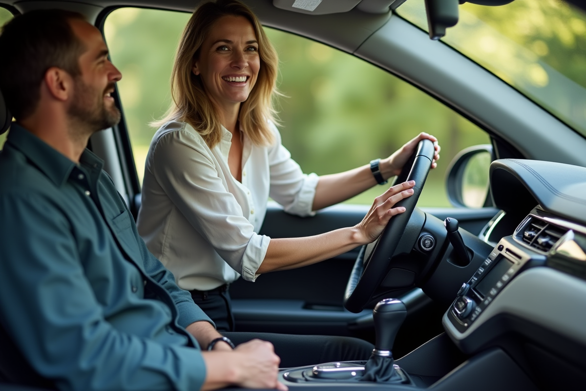 Femme expliquant le fonctionnement du levier de vitesse
