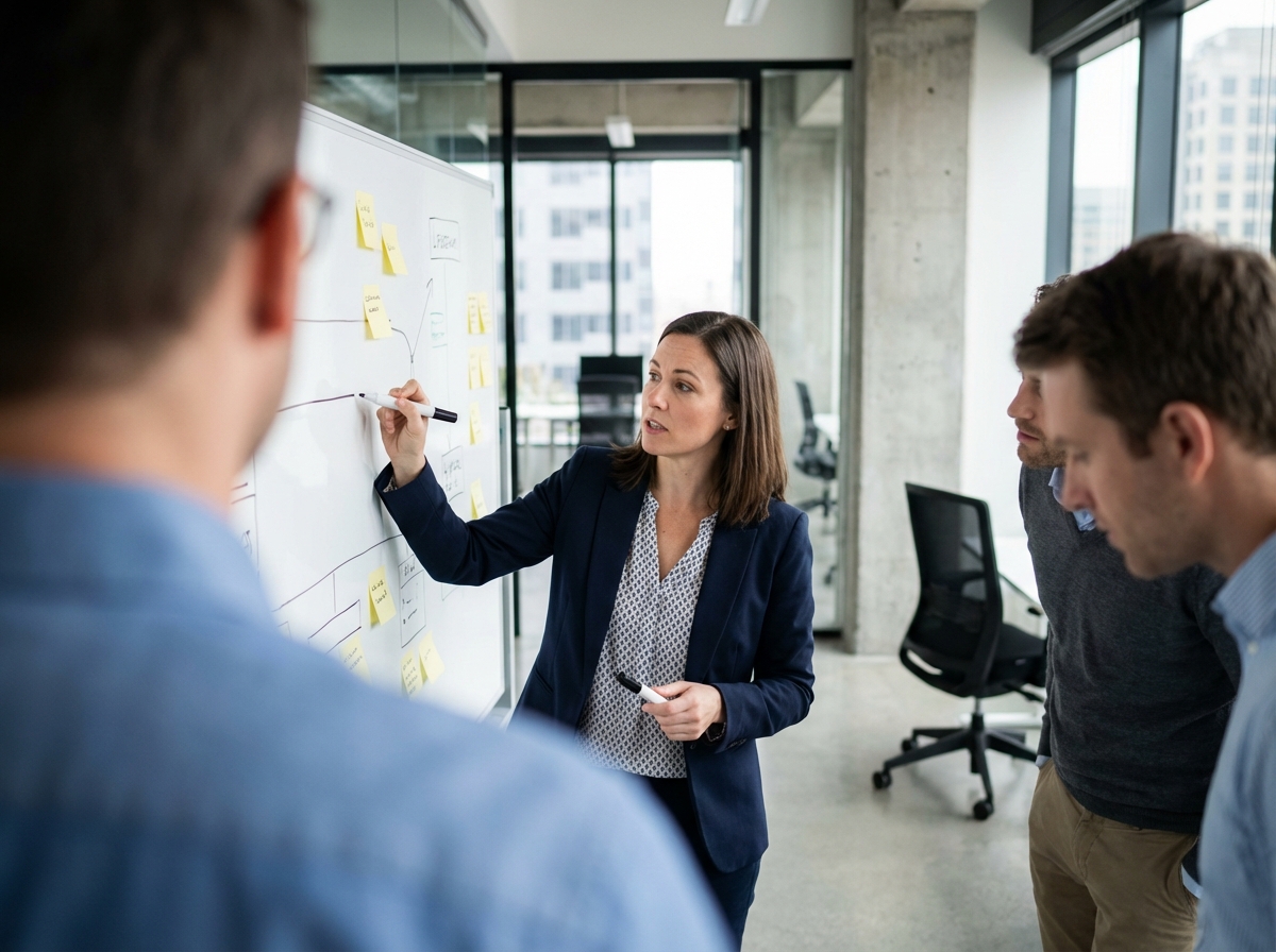 Jeune femme expliquant un diagramme de processus à ses collègues