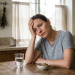 Femme fatiguée assise à une table de cuisine, tenant sa tête dans sa main, signe de manque de magnésium