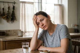 Femme fatiguée assise à une table de cuisine, tenant sa tête dans sa main, signe de manque de magnésium