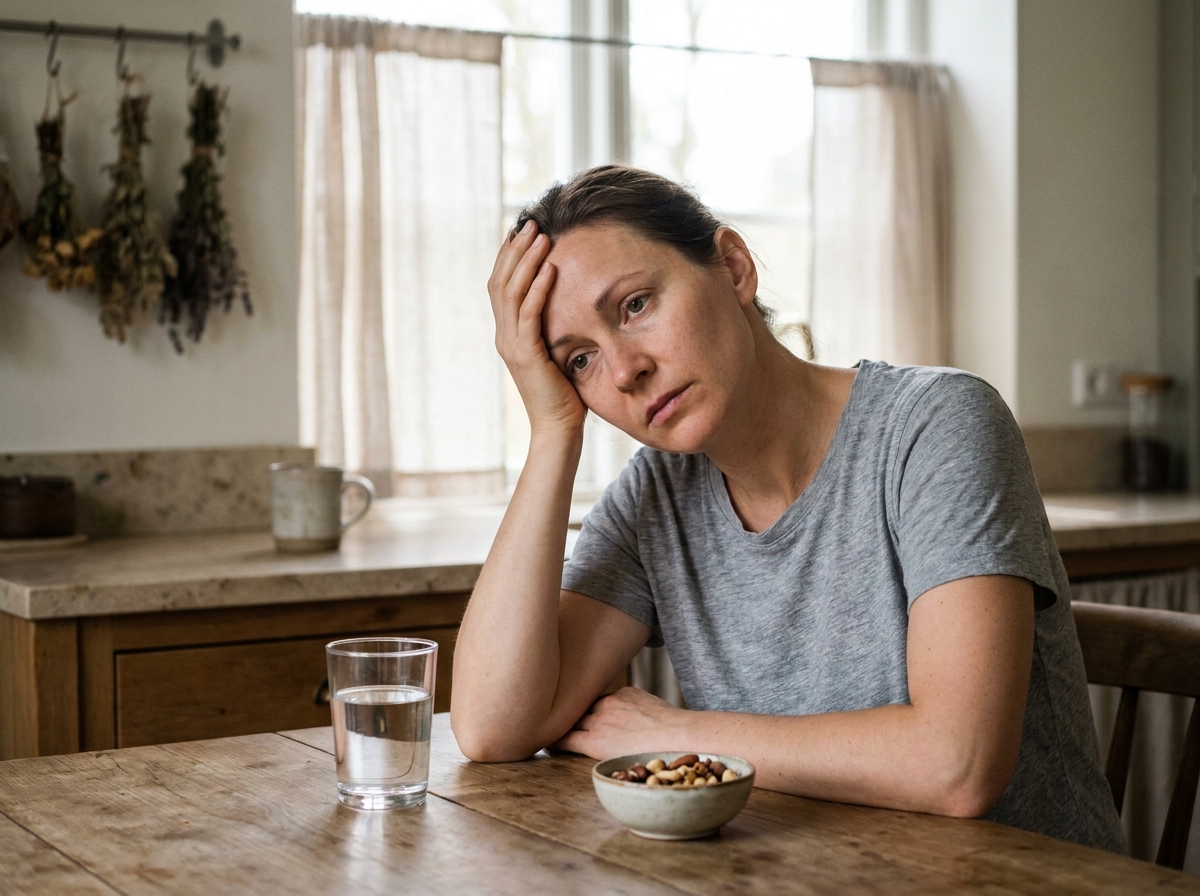 Femme fatiguée assise à une table de cuisine, tenant sa tête dans sa main, signe de manque de magnésium