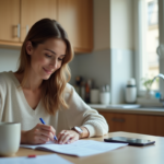 Femme souriante remplissant des formulaires dans la cuisine parisienne