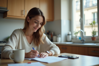 Femme souriante remplissant des formulaires dans la cuisine parisienne