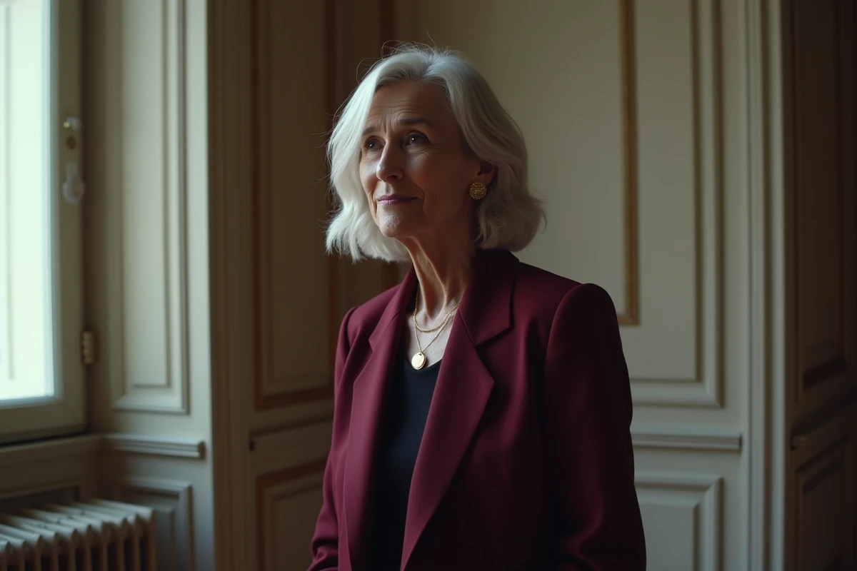 Femme française mature et distinguée dans un appartement haussmannien parisien, évoquant ses confidences personnelles face à la caméra