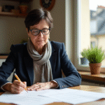 Femme française âgée examinant des documents fiscaux dans un appartement parisien