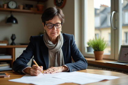 Femme française âgée examinant des documents fiscaux dans un appartement parisien