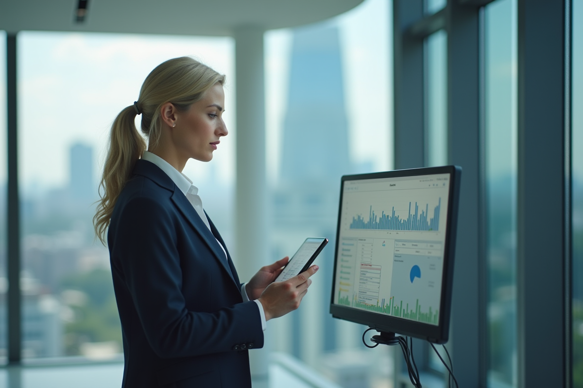 Femme d affaires consulte des données de gestion de flotte
