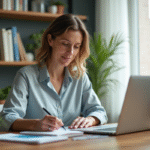Femme d'âge moyen en bureau moderne consulte un simulateur de prêt immobilier