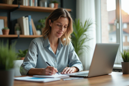Femme d'âge moyen en bureau moderne consulte un simulateur de prêt immobilier