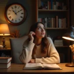 Jeune femme contemplant une horloge affichant 23h23 dans un appartement cosy avec un journal d'astrologie ouvert sur un bureau en bois