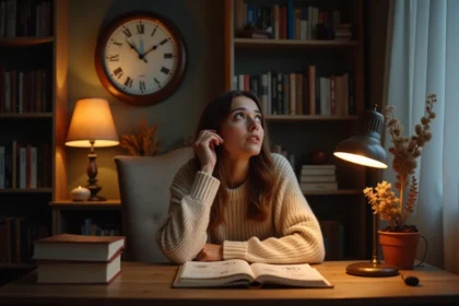 Jeune femme contemplant une horloge affichant 23h23 dans un appartement cosy avec un journal d'astrologie ouvert sur un bureau en bois