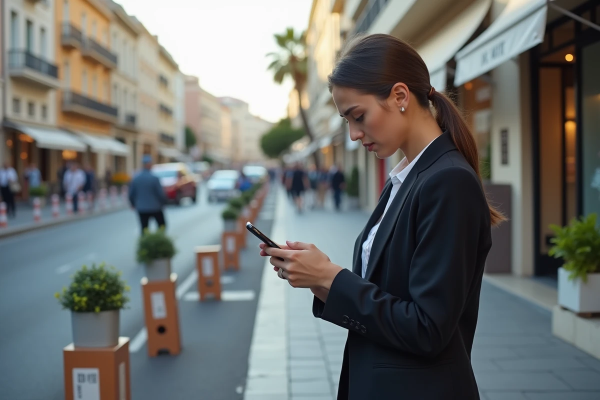 Jeune femme d affaires anxieuse vérifiant son téléphone à Cannes