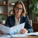 Femme professionnelle en bureau avec portefeuille d'investissement