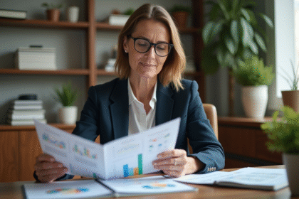 Femme professionnelle en bureau avec portefeuille d'investissement