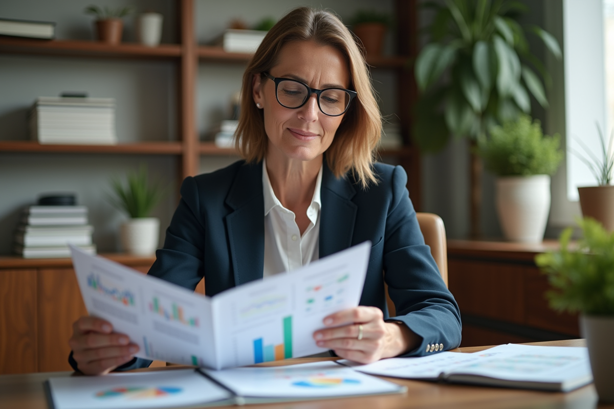 Femme professionnelle en bureau avec portefeuille d'investissement