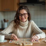 Femme concentrée jouant au Scrabble à la maison