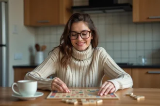 Femme concentrée jouant au Scrabble à la maison