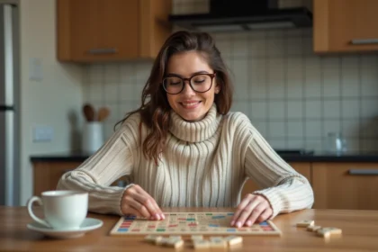 Femme concentrée jouant au Scrabble à la maison