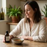 Femme assise à la cuisine avec huile végétale et capsules