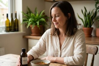 Femme assise à la cuisine avec huile végétale et capsules