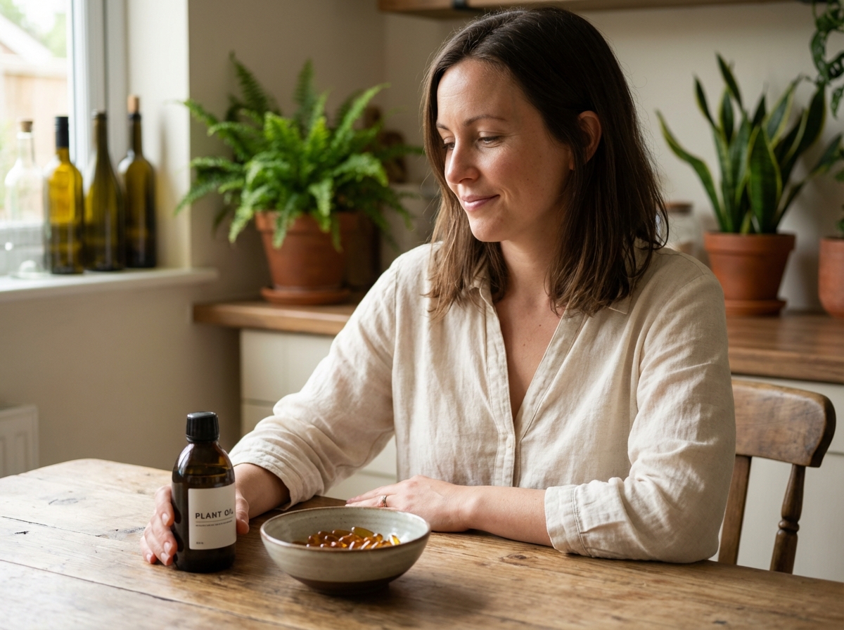 Femme assise à la cuisine avec huile végétale et capsules