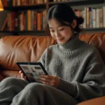 Jeune femme lisant plusieurs séries manga sur une tablette dans son salon, illustration pour suivre plusieurs séries à la fois