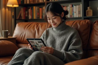Jeune femme lisant plusieurs séries manga sur une tablette dans son salon, illustration pour suivre plusieurs séries à la fois