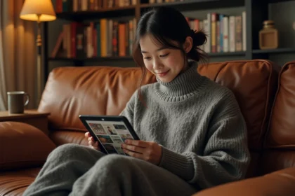 Jeune femme lisant plusieurs séries manga sur une tablette dans son salon, illustration pour suivre plusieurs séries à la fois
