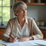 Femme d'âge moyen lisant des documents dans la cuisine