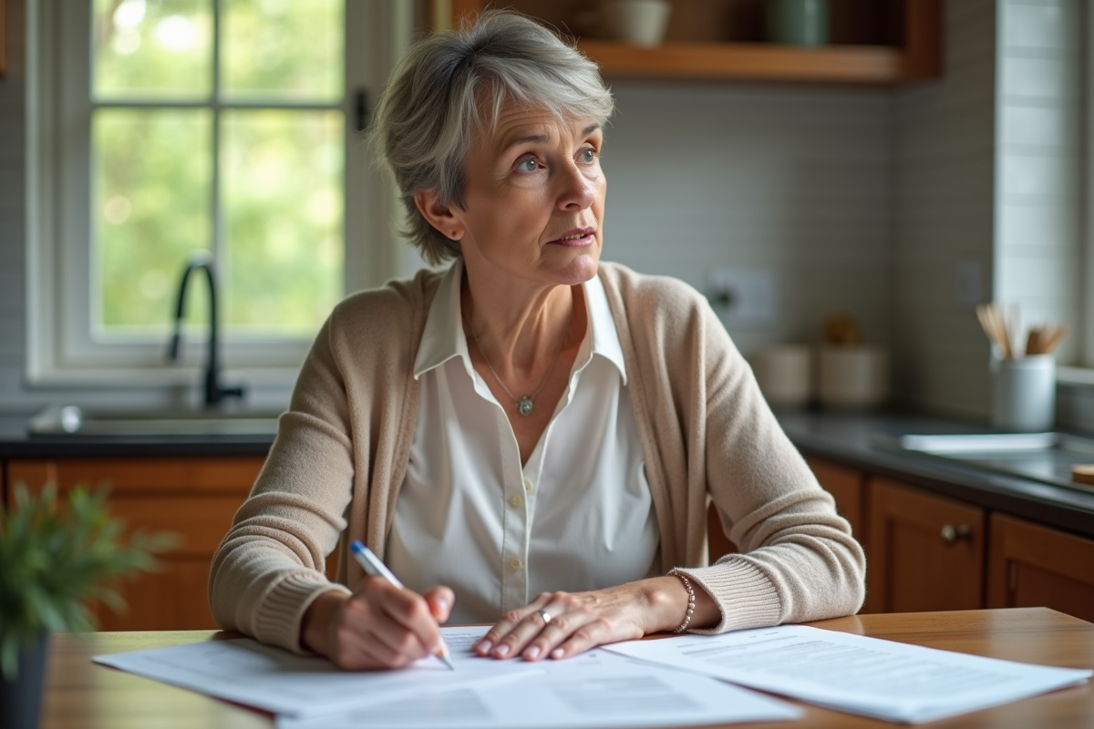 Femme d'âge moyen lisant des documents dans la cuisine