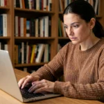 Femme lisant attentivement un site de téléchargement d'ebooks sur son ordinateur portable dans un bureau à domicile