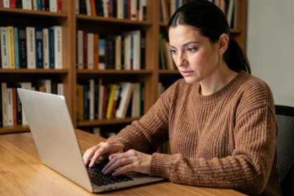Femme lisant attentivement un site de téléchargement d'ebooks sur son ordinateur portable dans un bureau à domicile