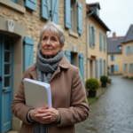 Femme d'âge moyen avec dossier juridique devant maison ancienne