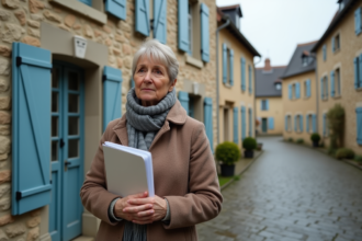 Femme d'âge moyen avec dossier juridique devant maison ancienne