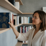 Femme dans une bibliothèque moderne avec livre design