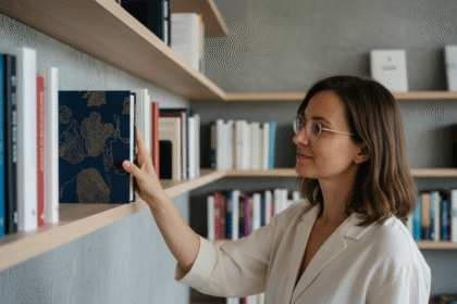 Femme dans une bibliothèque moderne avec livre design