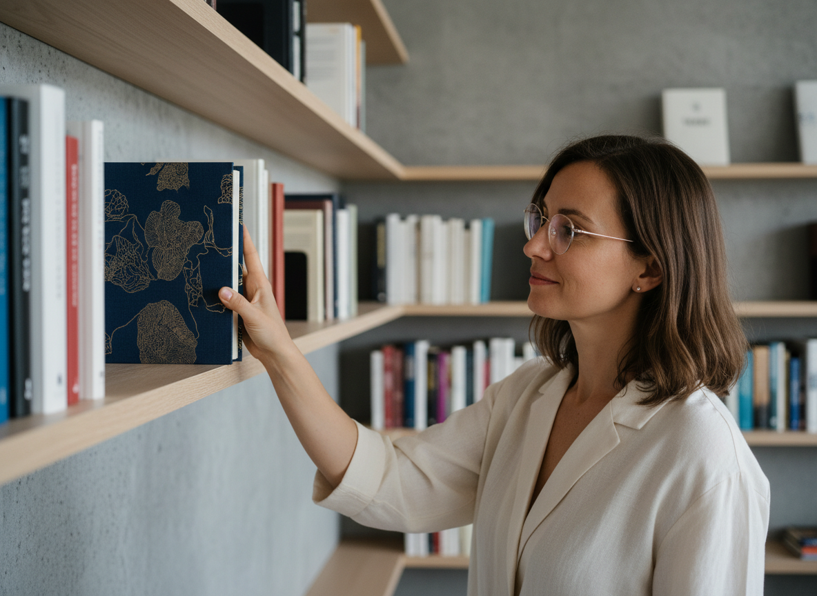 Femme dans une bibliothèque moderne avec livre design