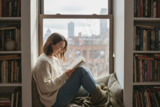 Jeune femme lisant dans un coin lecture urbain