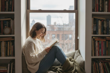 Jeune femme lisant dans un coin lecture urbain