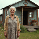 Femme âgée devant sa petite maison en bois recyclé